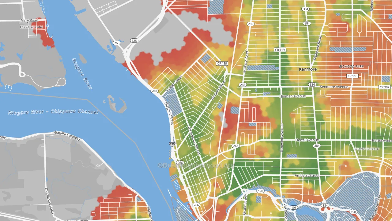 Walk Grade map of Riverside Park, Buffalo, NY, walkable areas in green and car-dependent areas in red