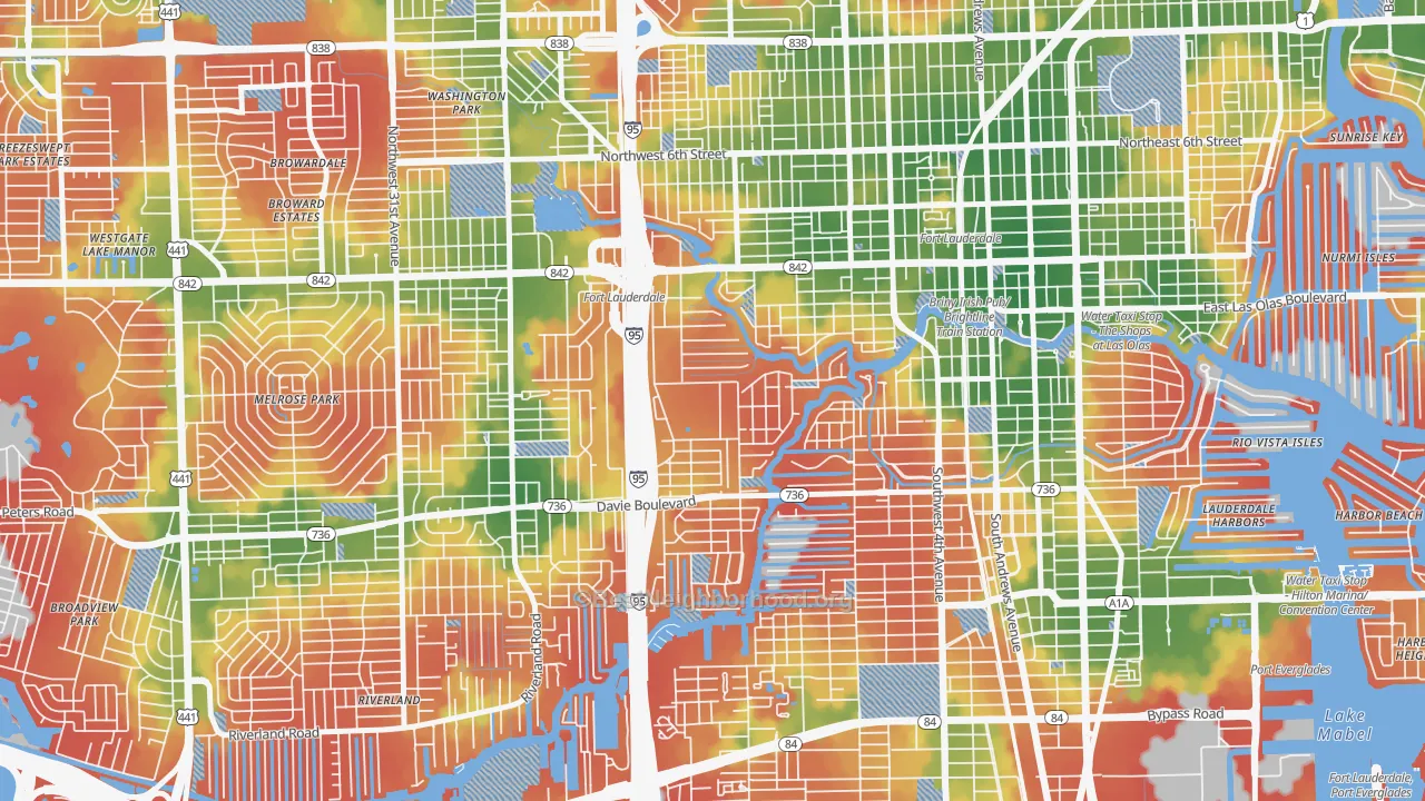 Walk Grade map of Riverside Park, Fort Lauderdale, FL, walkable areas in green and car-dependent areas in red