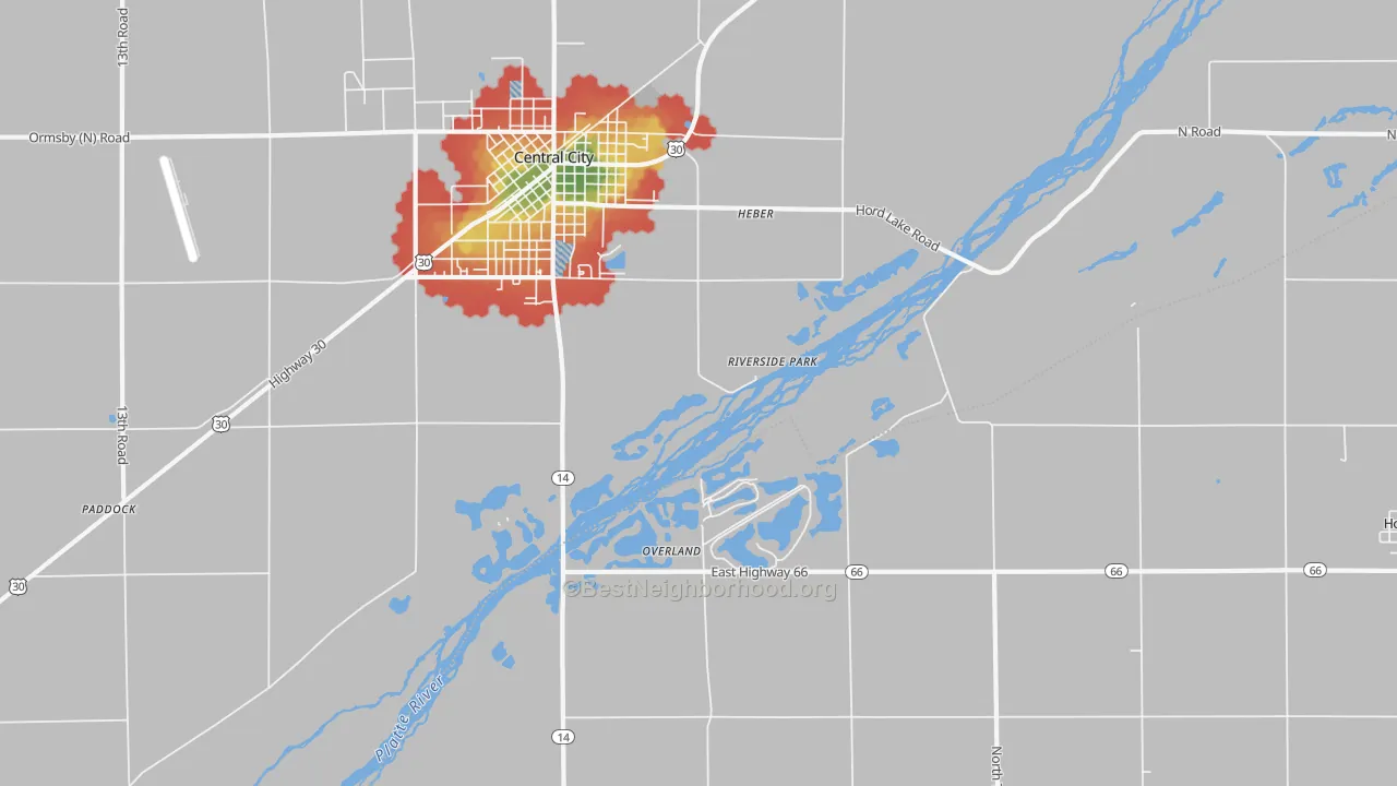 Walk Grade map of Riverside Park, NE, walkable areas in green and car-dependent areas in red