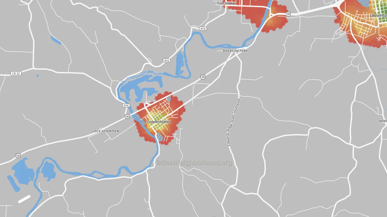 Walk Grade map of Riverside Park, OH, walkable areas in green and car-dependent areas in red
