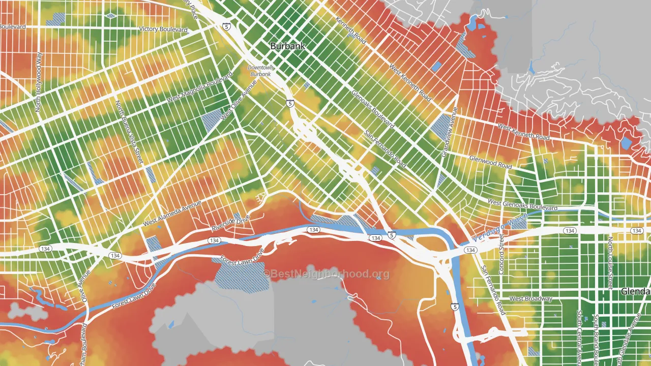 Walk Grade map of Riverside Rancho, Glendale, CA, walkable areas in green and car-dependent areas in red