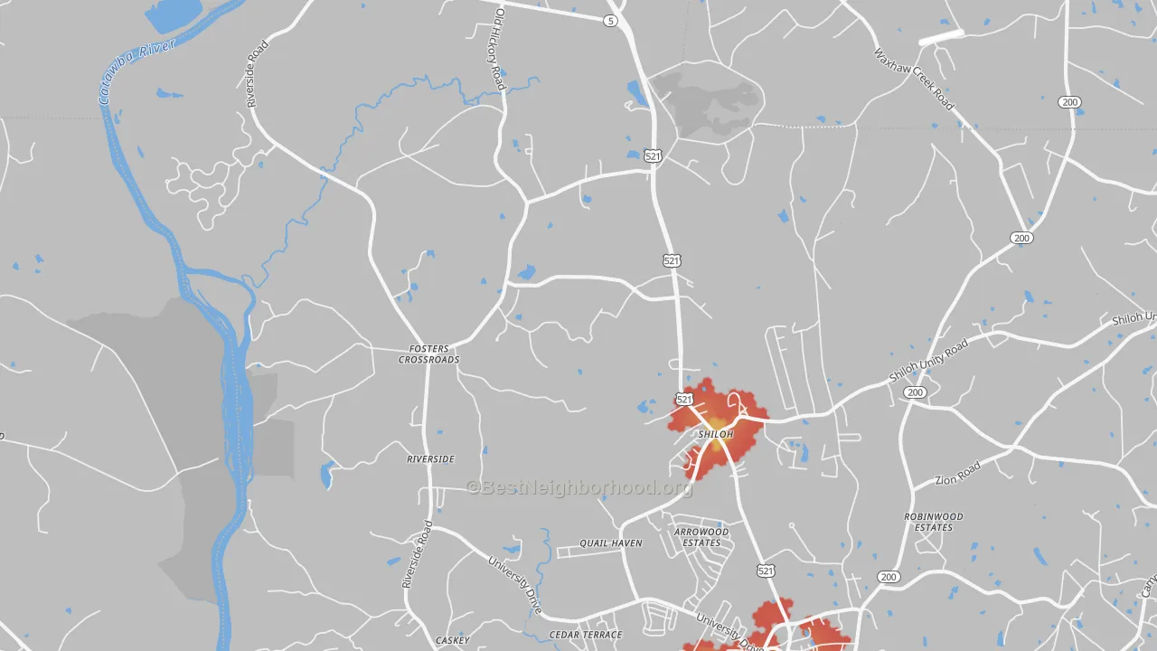 Walk Grade map of Riverside, SC, walkable areas in green and car-dependent areas in red