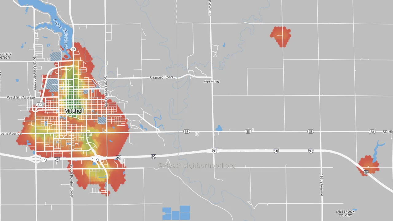Walk Grade map of Riverside, SD, walkable areas in green and car-dependent areas in red