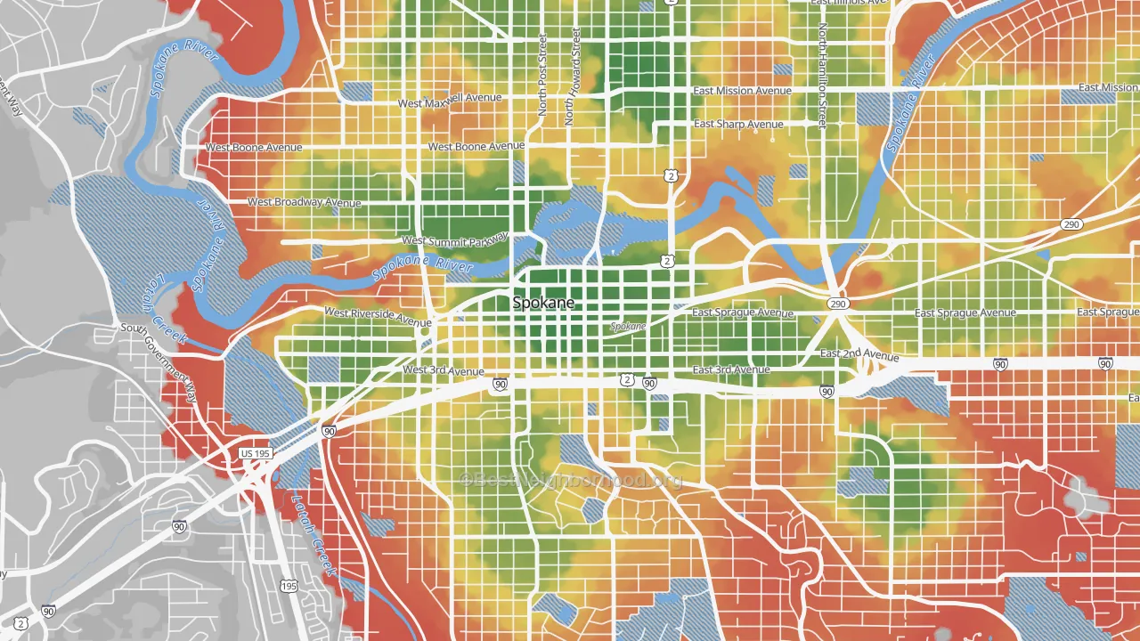Walk Grade map of Riverside, Spokane, WA, walkable areas in green and car-dependent areas in red