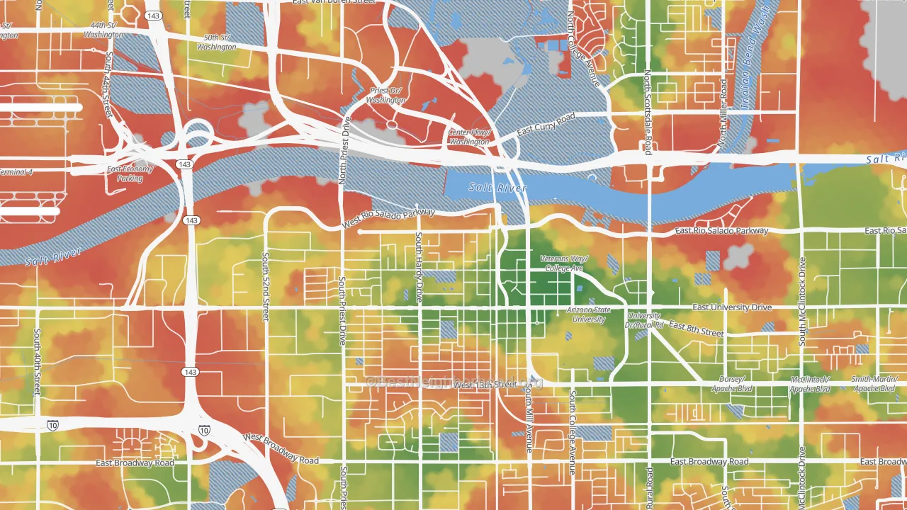 Walk Grade map of Riverside, Tempe, AZ, walkable areas in green and car-dependent areas in red