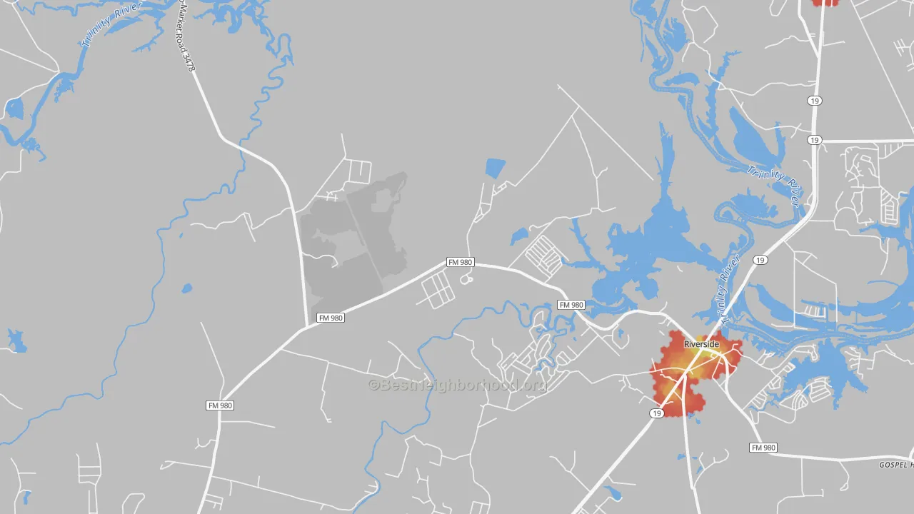 Walk Grade map of Riverside, TX, walkable areas in green and car-dependent areas in red