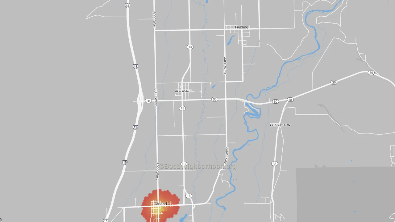 Walk Grade map of Riverside, UT, walkable areas in green and car-dependent areas in red