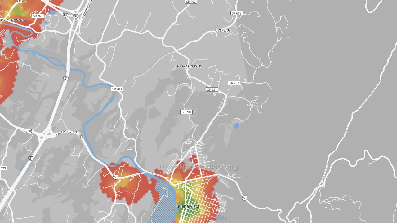Walk Grade map of Riverside, VA, walkable areas in green and car-dependent areas in red