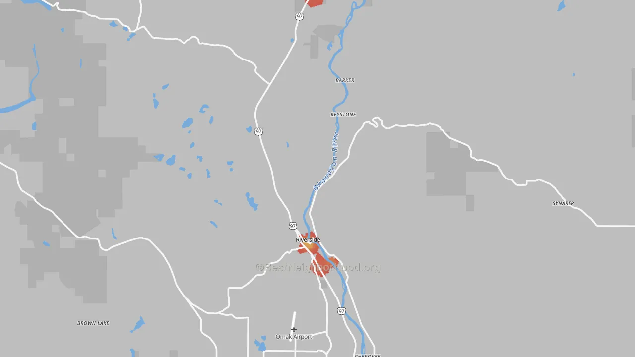 Walk Grade map of Riverside, WA, walkable areas in green and car-dependent areas in red