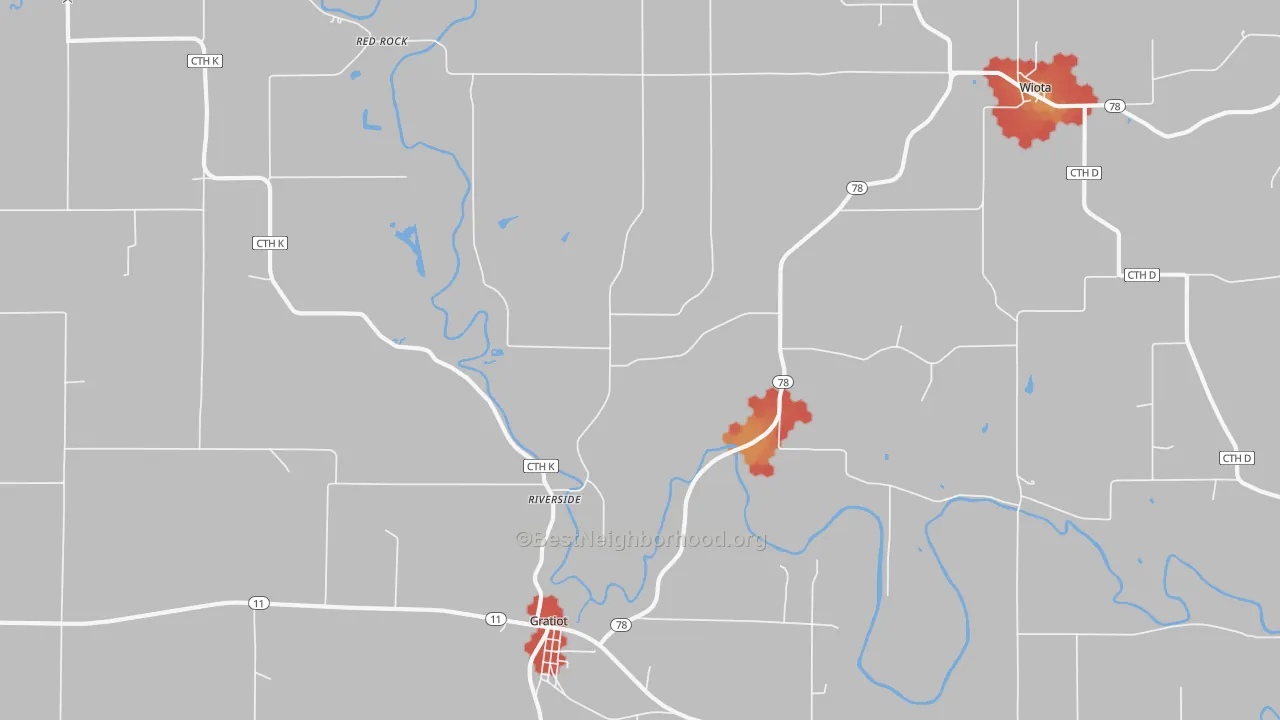 Walk Grade map of Riverside, WI, walkable areas in green and car-dependent areas in red