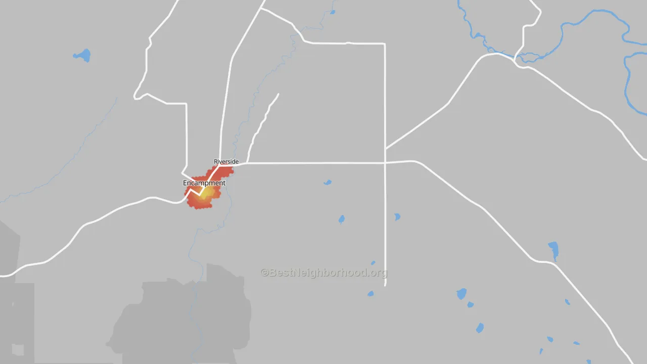 Walk Grade map of Riverside, WY, walkable areas in green and car-dependent areas in red