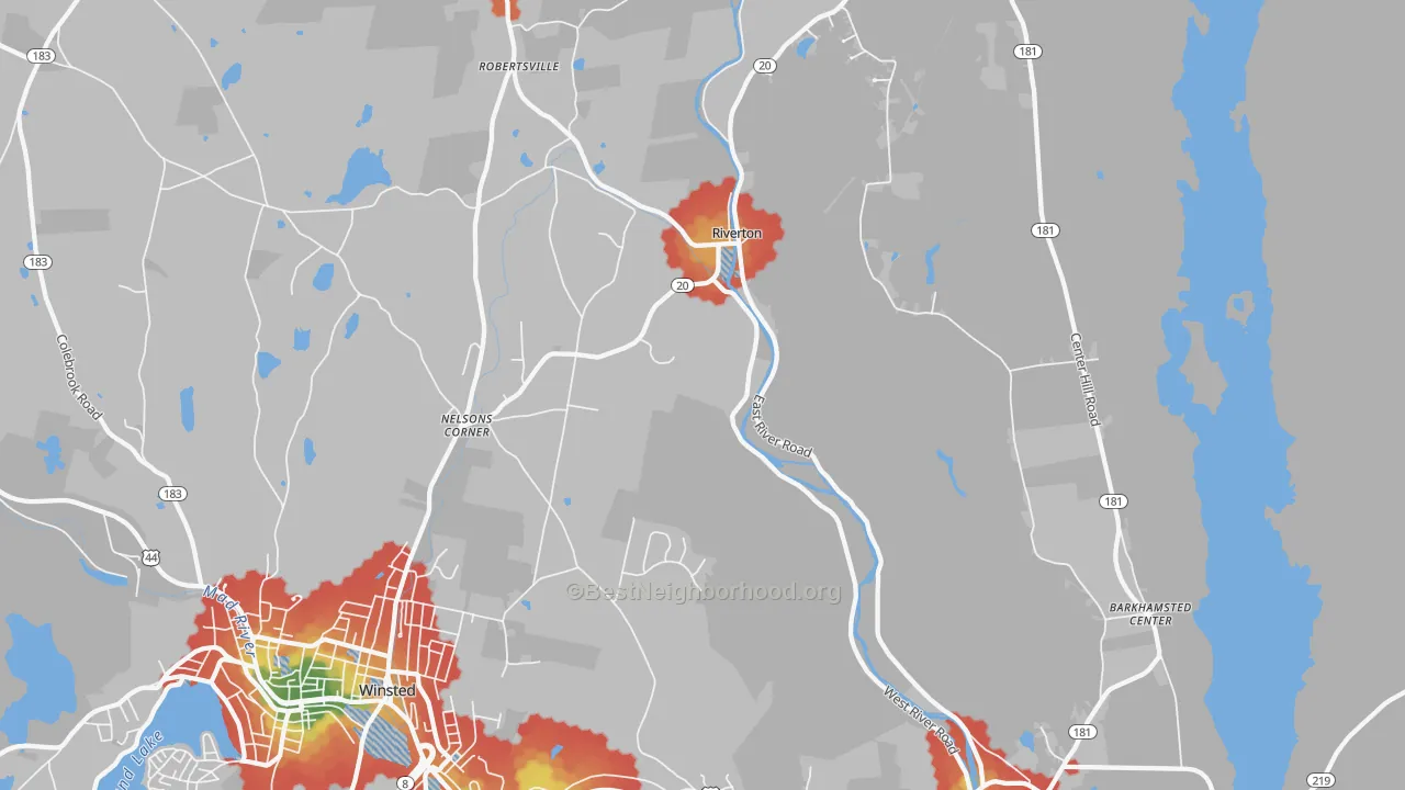 Walk Grade map of Riverton, CT, walkable areas in green and car-dependent areas in red