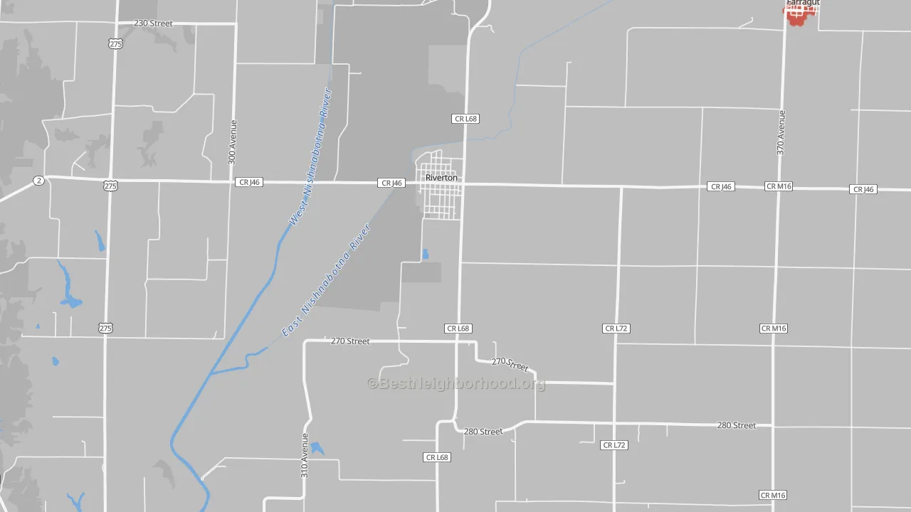 Walk Grade map of Riverton, IA, walkable areas in green and car-dependent areas in red
