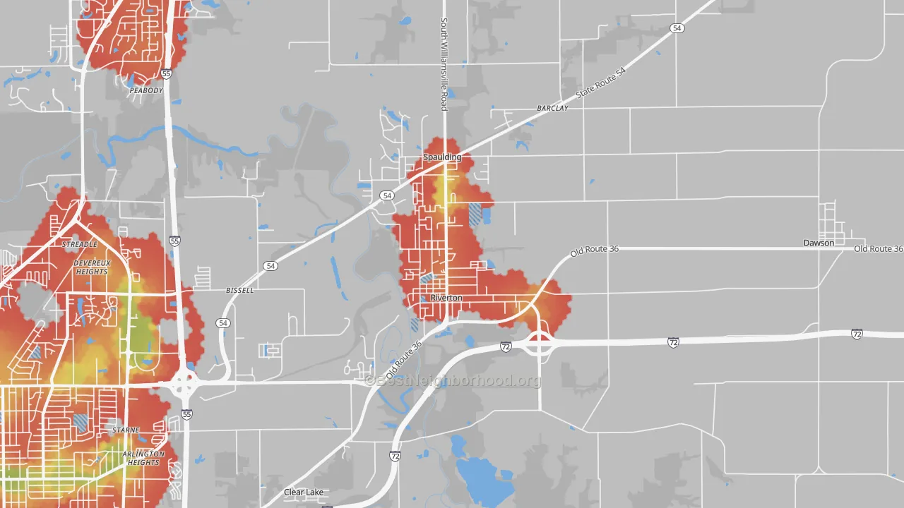 Walk Grade map of Riverton, IL, walkable areas in green and car-dependent areas in red