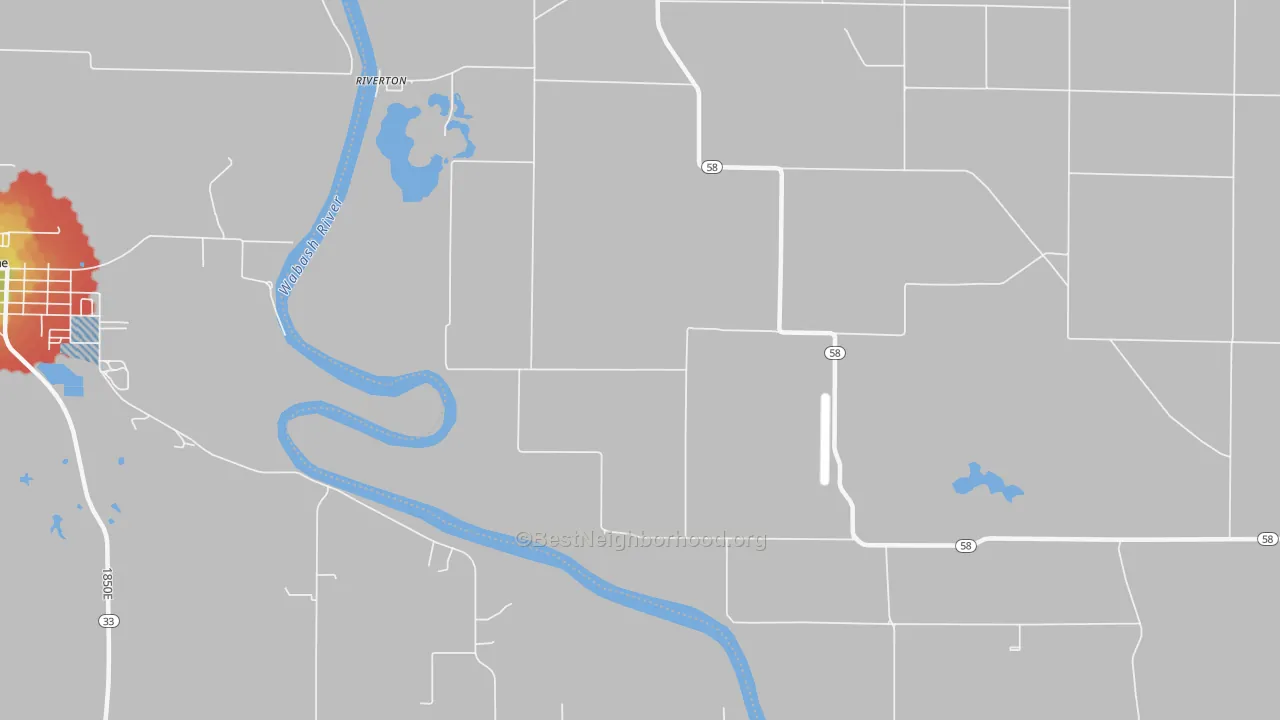 Walk Grade map of Riverton, IN, walkable areas in green and car-dependent areas in red
