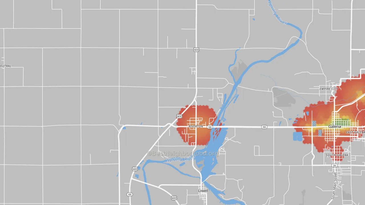 Walk Grade map of Riverton, KS, walkable areas in green and car-dependent areas in red