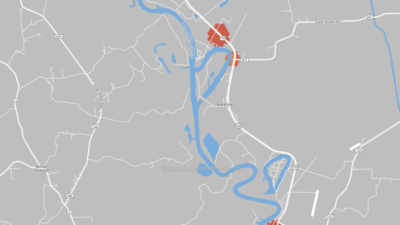 Walk Grade map of Riverton, LA, walkable areas in green and car-dependent areas in red