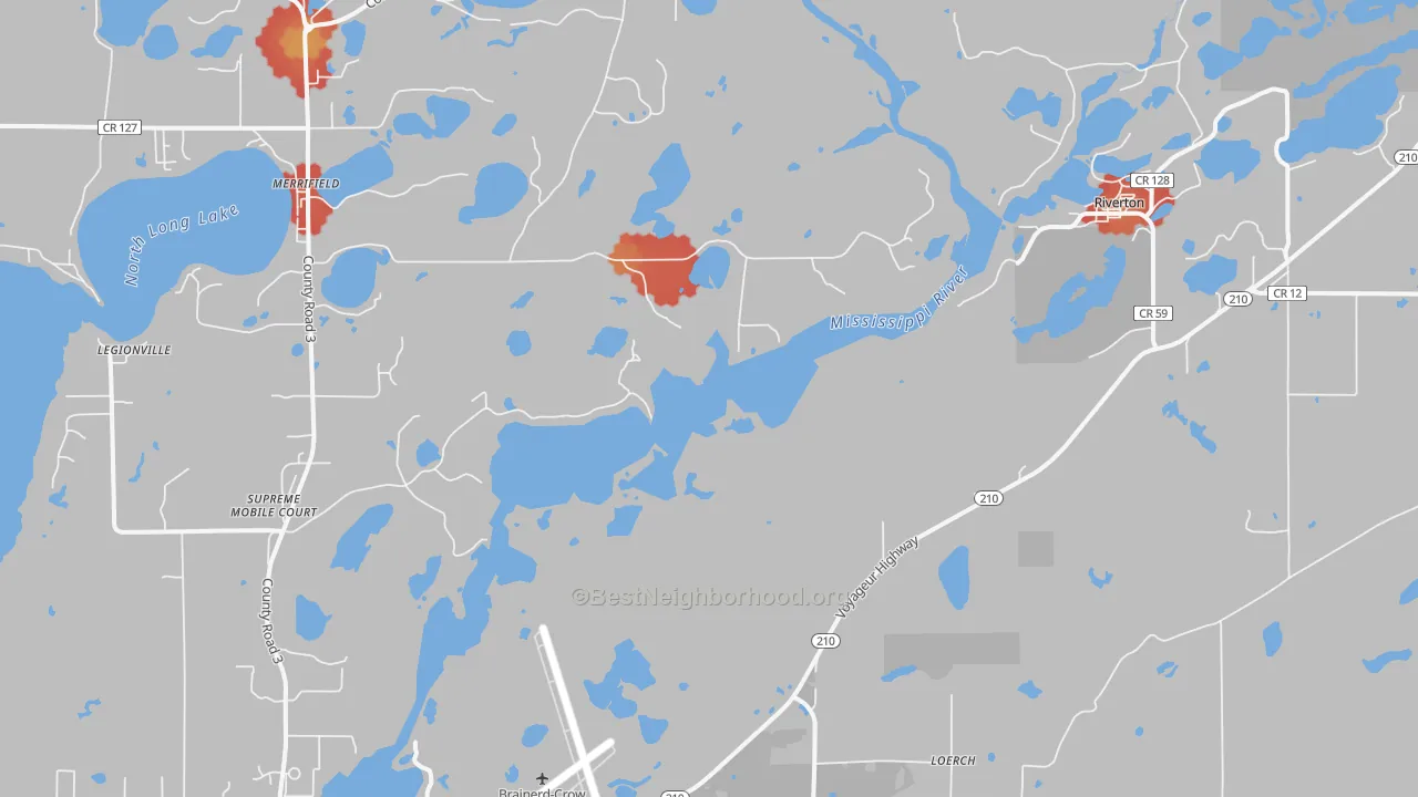 Walk Grade map of Riverton, MN, walkable areas in green and car-dependent areas in red