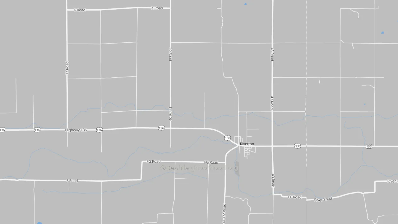 Walk Grade map of Riverton, NE, walkable areas in green and car-dependent areas in red