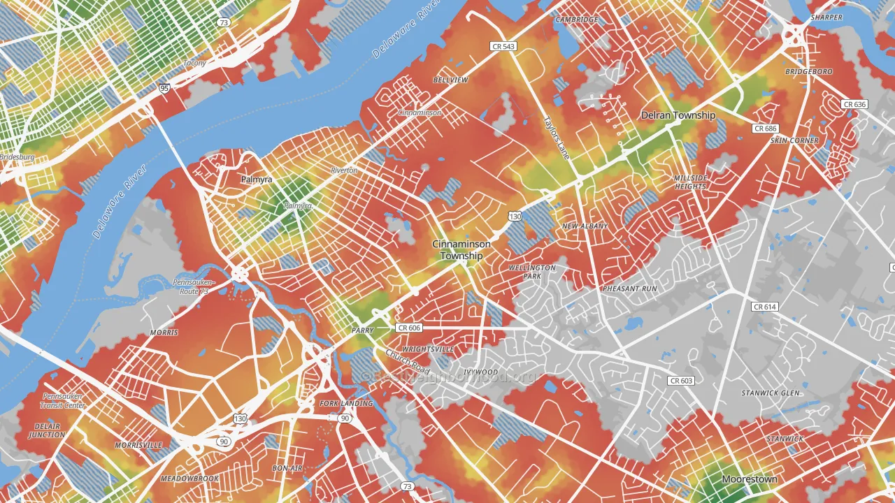 Walk Grade map of Riverton, NJ, walkable areas in green and car-dependent areas in red
