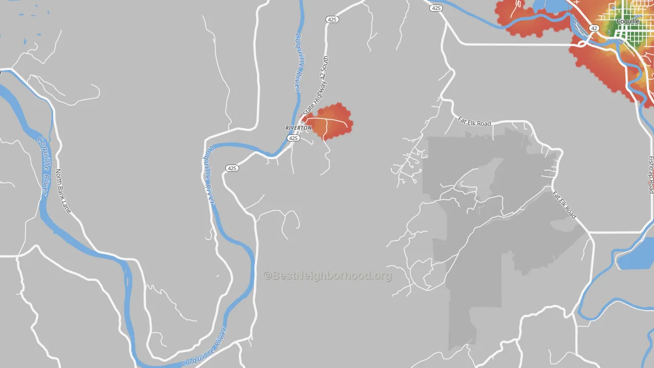 Walk Grade map of Riverton, OR, walkable areas in green and car-dependent areas in red
