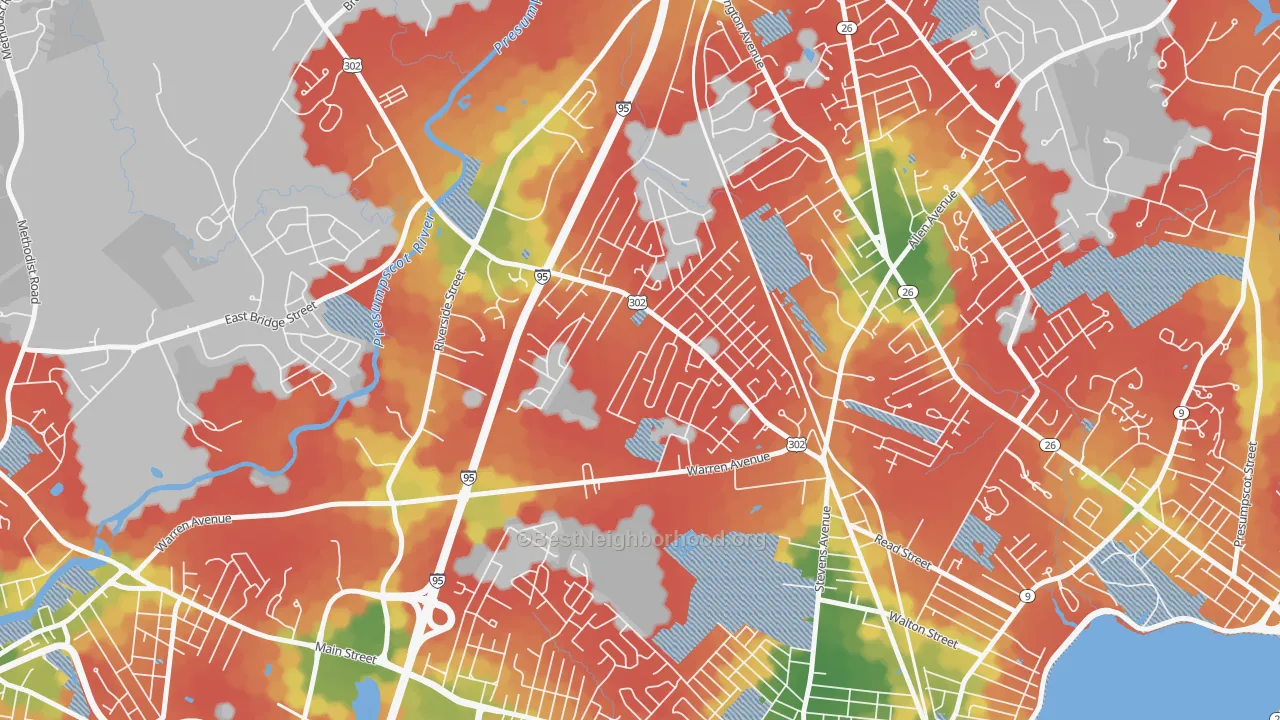 Walk Grade map of Riverton, Portland, ME, walkable areas in green and car-dependent areas in red