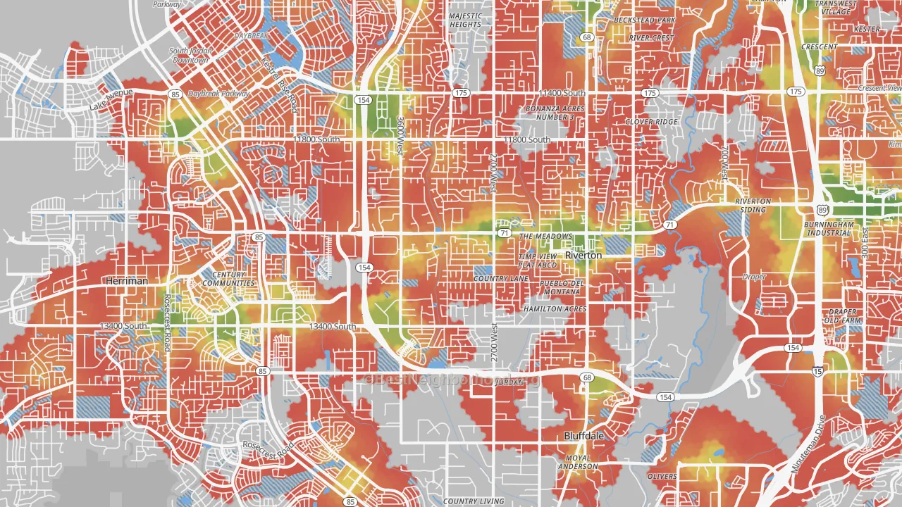 Walk Grade map of Riverton, UT, walkable areas in green and car-dependent areas in red