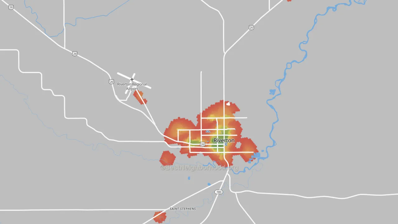 Walk Grade map of Riverton, WY, walkable areas in green and car-dependent areas in red