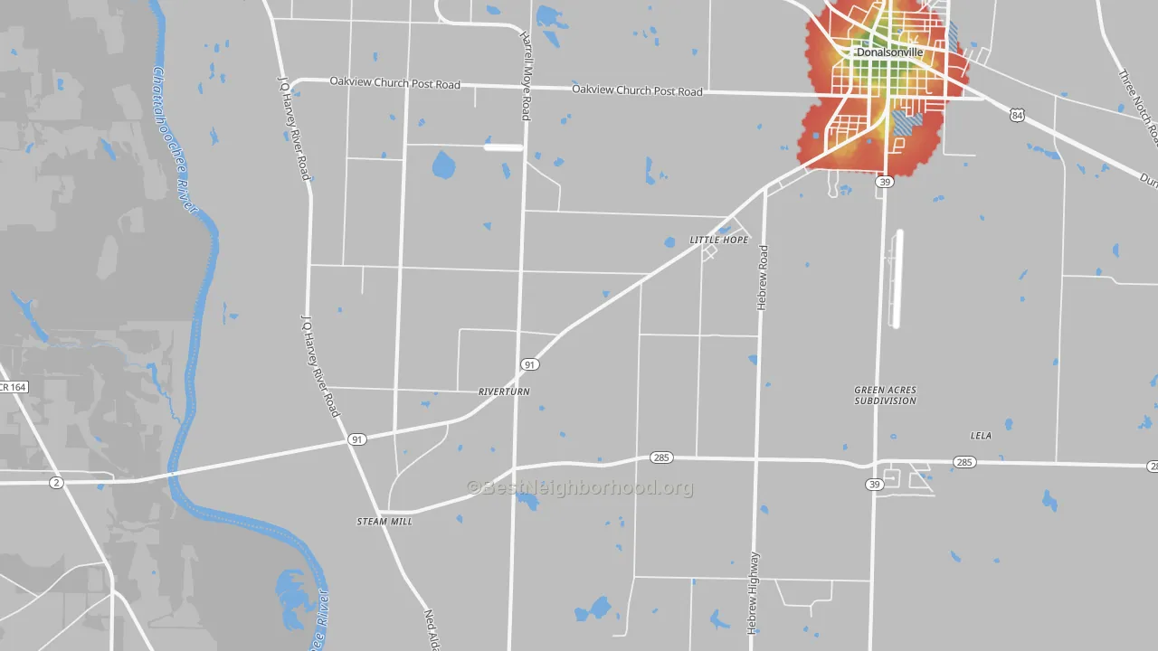 Walk Grade map of Riverturn, GA, walkable areas in green and car-dependent areas in red