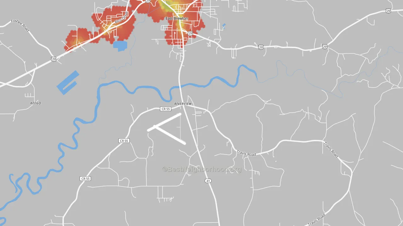 Walk Grade map of Riverview, AL, walkable areas in green and car-dependent areas in red