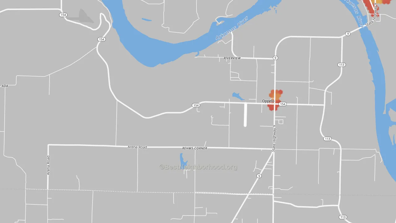 Walk Grade map of Riverview, AR, walkable areas in green and car-dependent areas in red