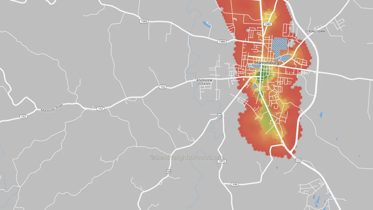 Walk Grade map of Riverview Estates, KY, walkable areas in green and car-dependent areas in red