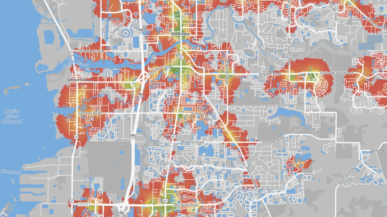 Walk Grade map of Riverview, FL, walkable areas in green and car-dependent areas in red