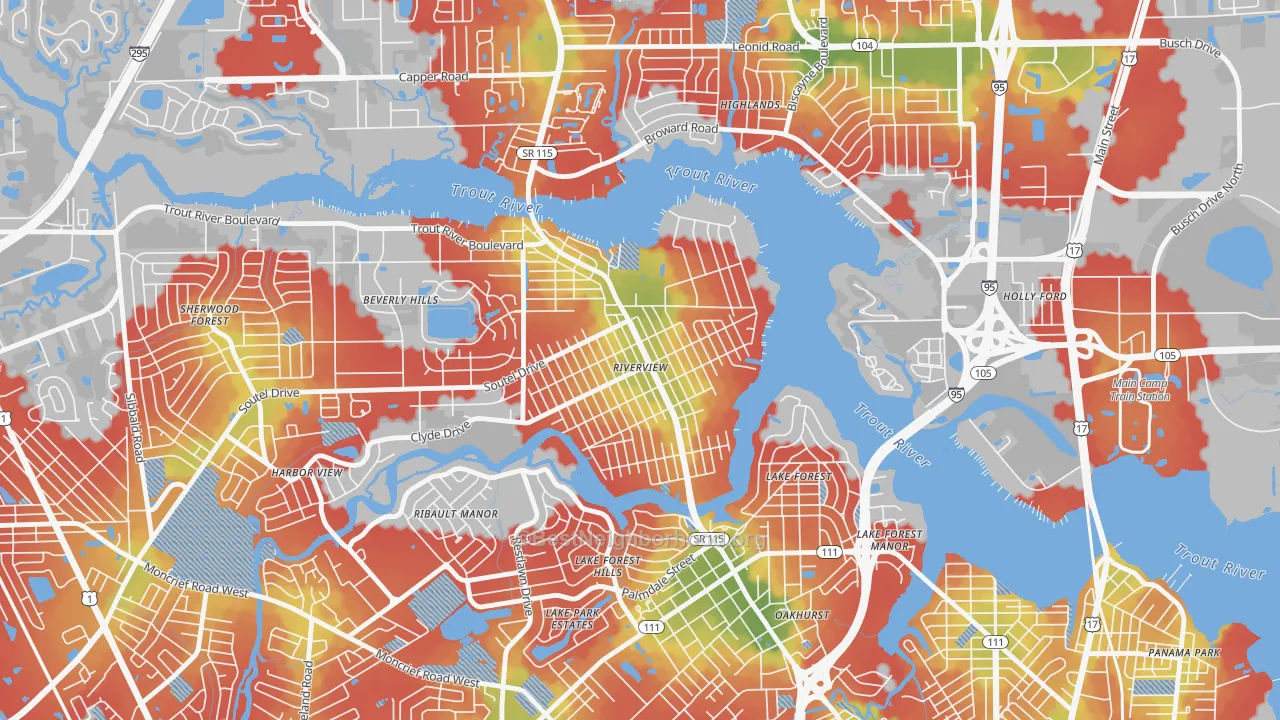 Walk Grade map of Riverview, Jacksonville, FL, walkable areas in green and car-dependent areas in red