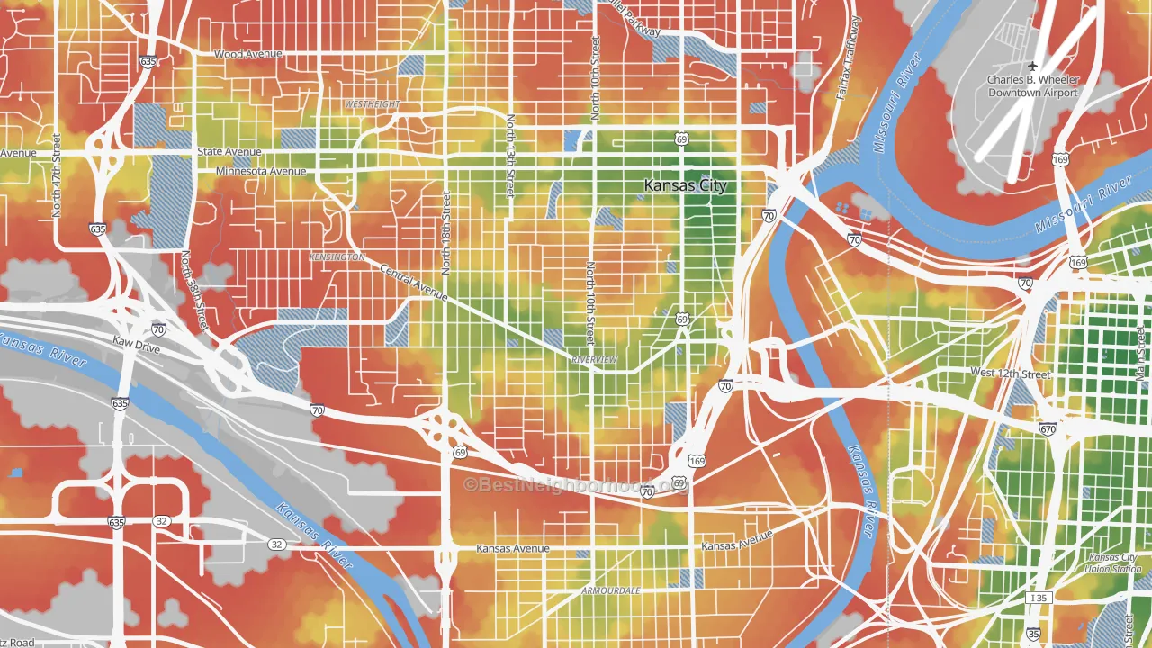 Walk Grade map of Riverview, Kansas City, KS, walkable areas in green and car-dependent areas in red