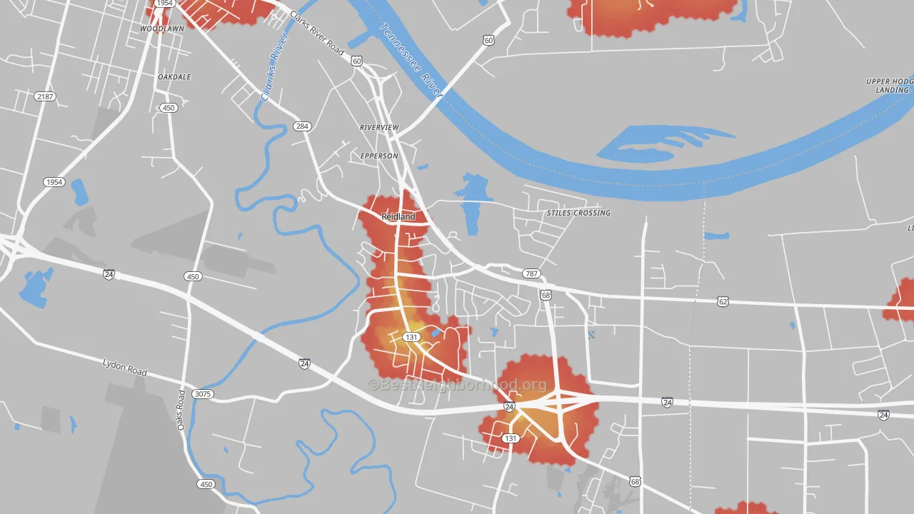 Walk Grade map of Riverview, KY, walkable areas in green and car-dependent areas in red