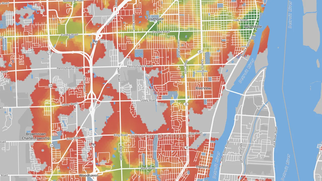 Walk Grade map of Riverview, MI, walkable areas in green and car-dependent areas in red