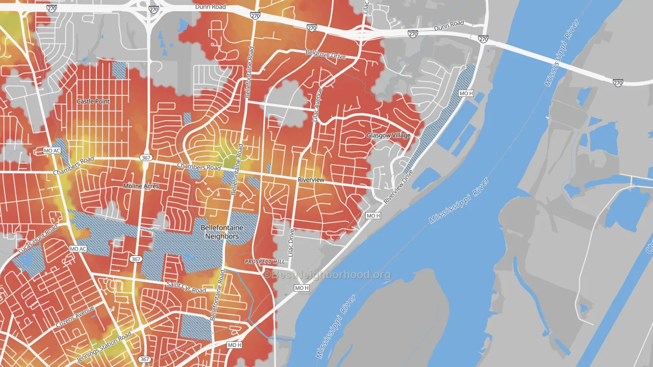 Walk Grade map of Riverview, MO, walkable areas in green and car-dependent areas in red