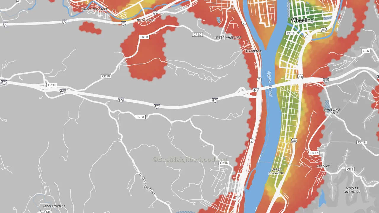 Walk Grade map of Riverview, OH, walkable areas in green and car-dependent areas in red