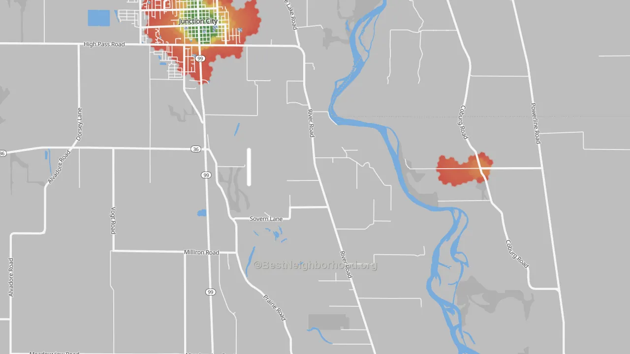 Walk Grade map of Riverview, OR, walkable areas in green and car-dependent areas in red