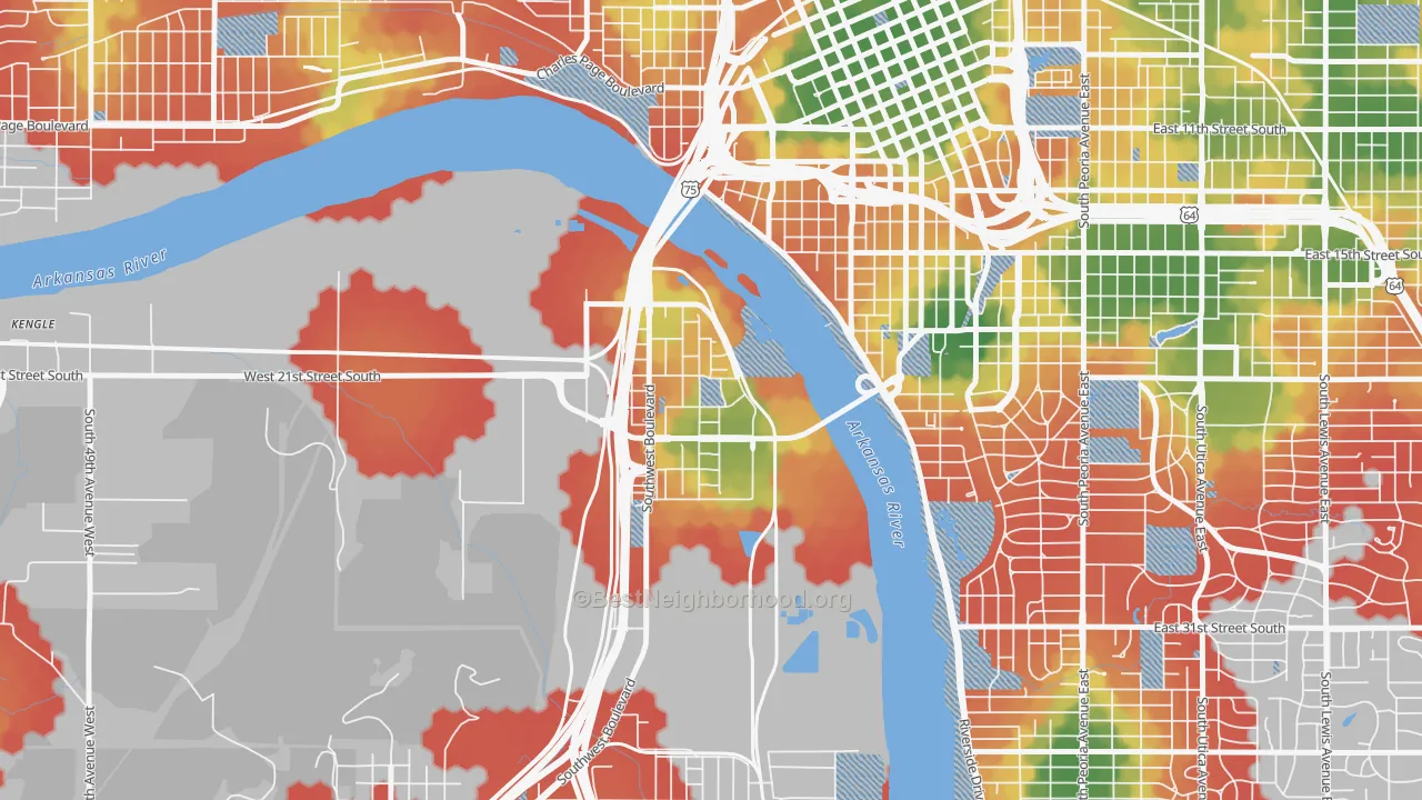 Walk Grade map of Riverview Park, Tulsa, OK, walkable areas in green and car-dependent areas in red