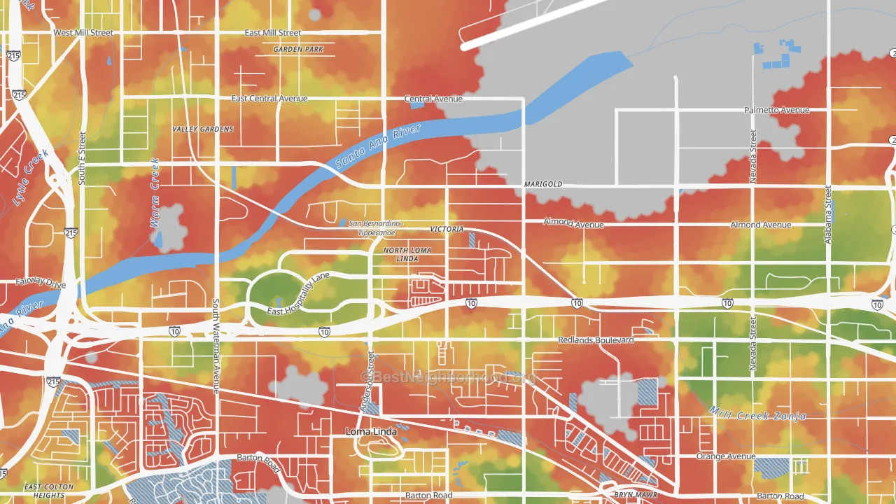 Walk Grade map of Riverview, San Bernardino, CA, walkable areas in green and car-dependent areas in red