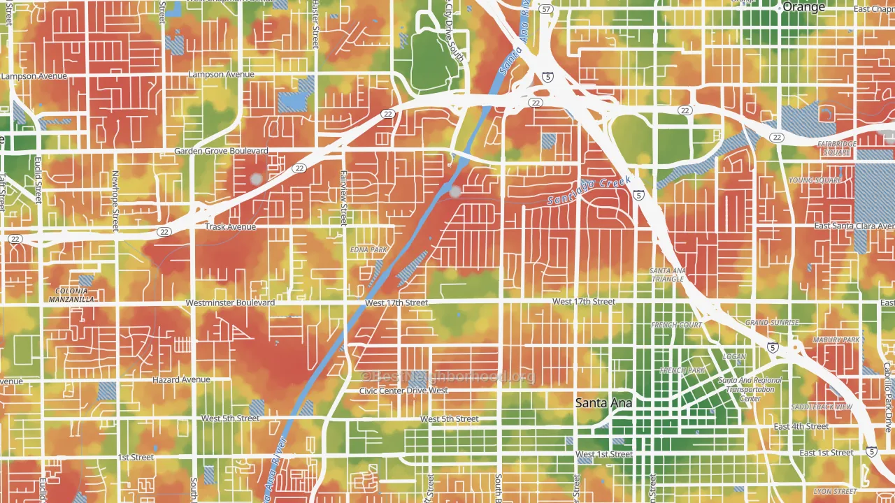 Walk Grade map of Riverview-Santa Ana, Santa Ana, CA, walkable areas in green and car-dependent areas in red