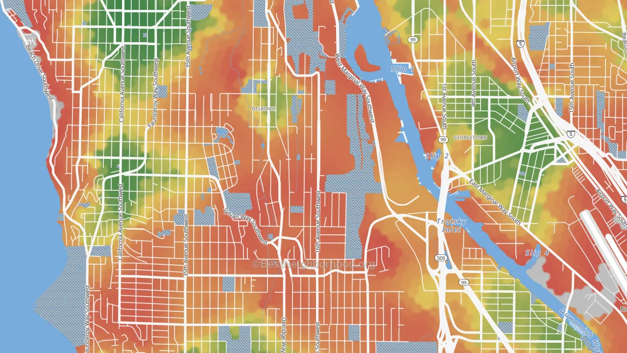 Walk Grade map of Riverview, Seattle, WA, walkable areas in green and car-dependent areas in red