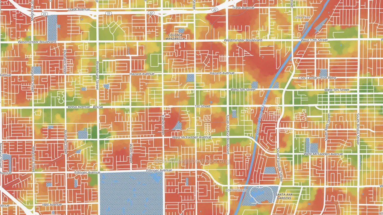 Walk Grade map of Riverview West, Santa Ana, CA, walkable areas in green and car-dependent areas in red