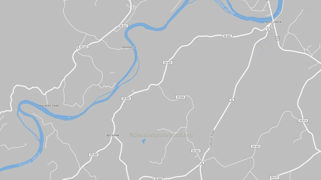 Walk Grade map of Riverville, VA, walkable areas in green and car-dependent areas in red