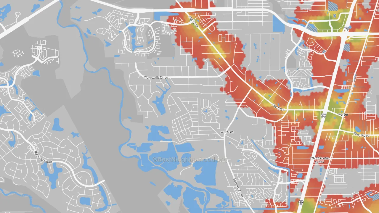 Walk Grade map of Riverwalk, Porter, TX, walkable areas in green and car-dependent areas in red