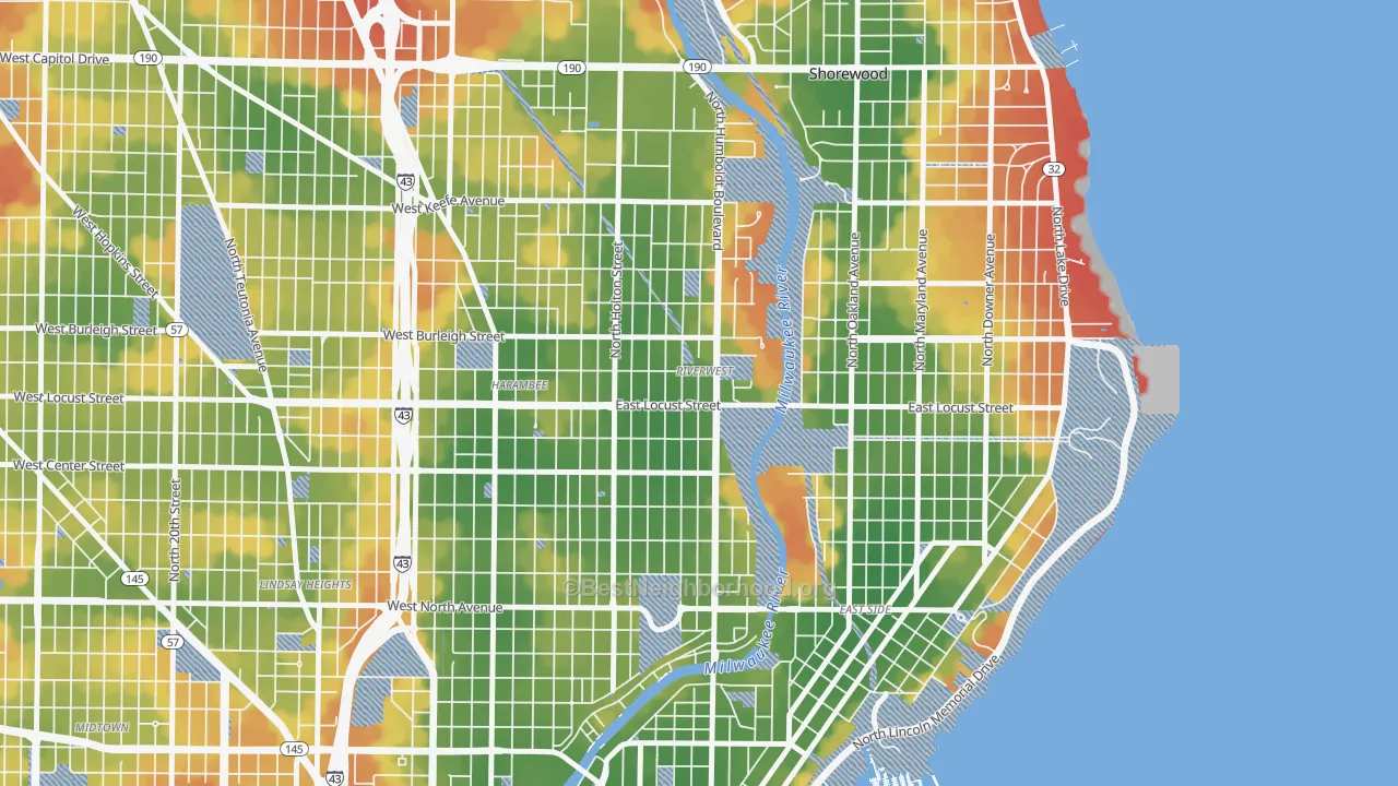 Walk Grade map of Riverwest, Milwaukee, WI, walkable areas in green and car-dependent areas in red