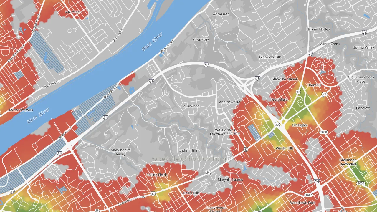 Walk Grade map of Riverwood, KY, walkable areas in green and car-dependent areas in red