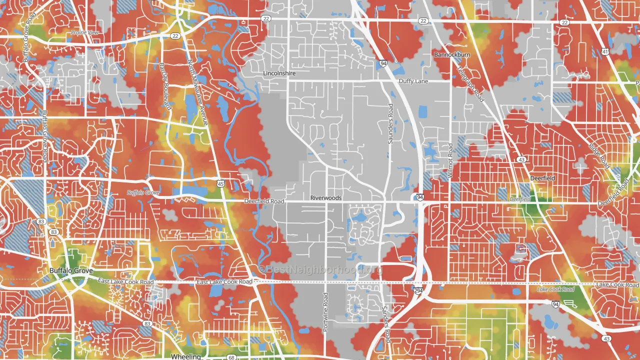 Walk Grade map of Riverwoods, IL, walkable areas in green and car-dependent areas in red
